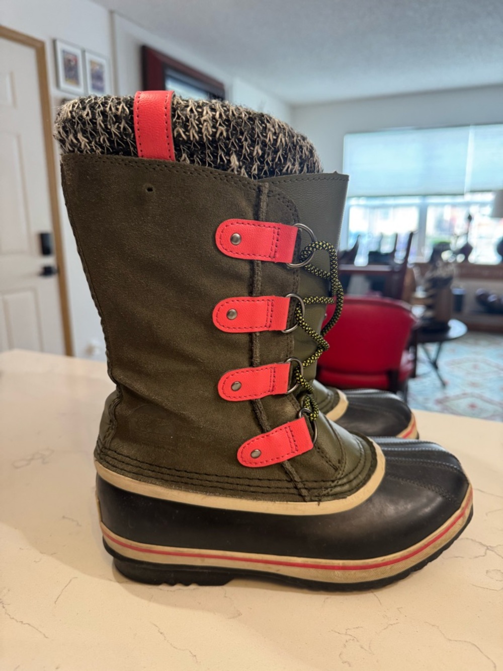 Sorel Kids Olive and Coral Lace-Up Snow Boots